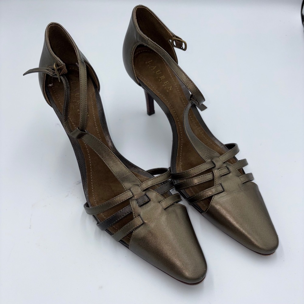Lauren Ralph Lauren Bronze Metallic Leather Strappy Pointed Toe Pumps Mens 8.5B